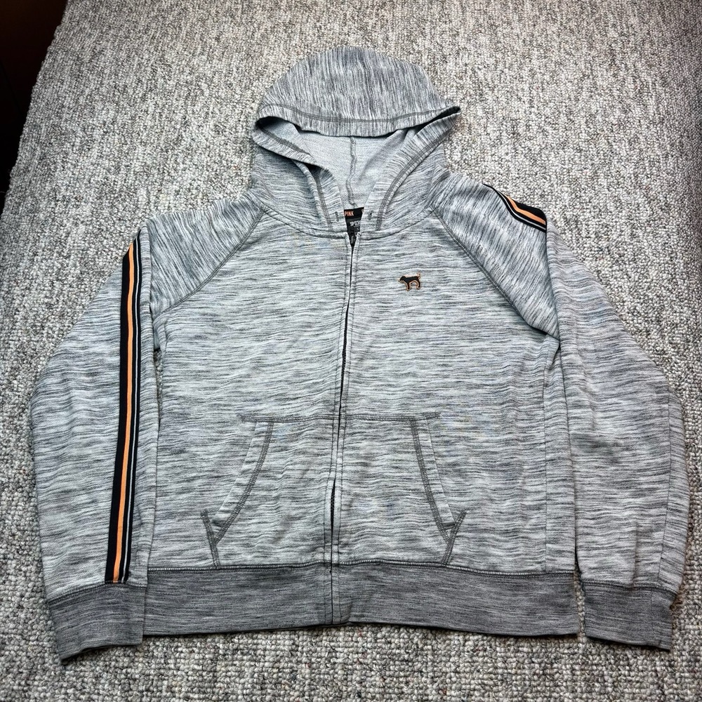 Victoria's Secret Pink Hoodie Womens Large Sweatshirt Full Zip Logo Gray